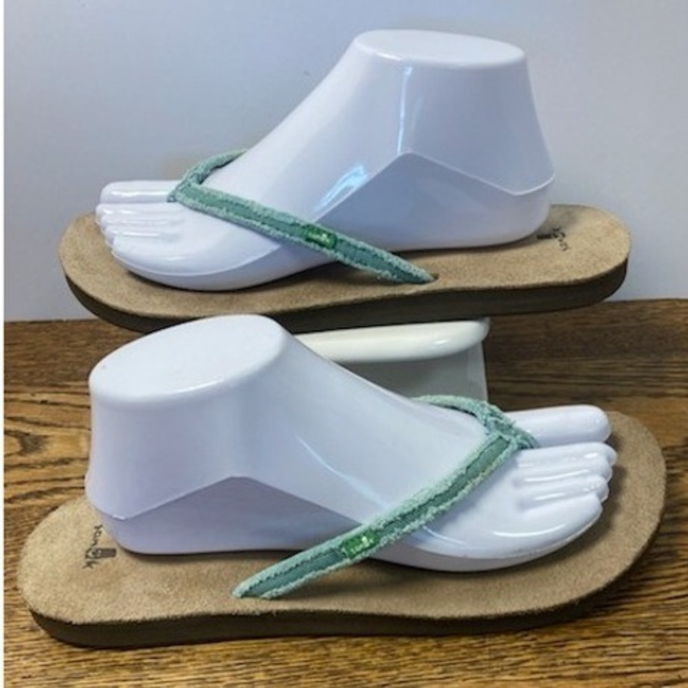 Sanuk Yoga Mat Flip Flops Womens 10 Seafoam Green Frayed Strap Sandals Comfort - Picture 3 of 6